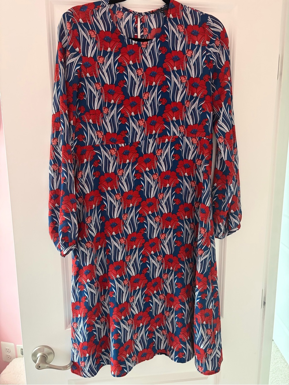 Blue Floral Midi Dress with Red Blossom Print